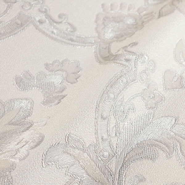 Timeless Ornate Embossed Wallpaper, White, Fabric Like, Rich 3D Textured Flocked Luxury Wallcovering Design, Non-Woven - Walloro High End Wallcoverings & More