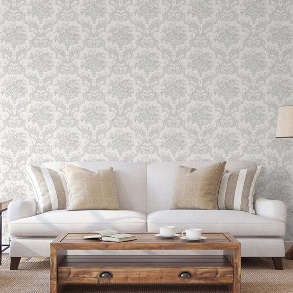 Timeless Velvet Feel Damask Embossed Wallpaper, White, Silver 3D Textured, Flocked, Washable, Luxury Wall Decoration - Walloro High End Wallcoverings & More