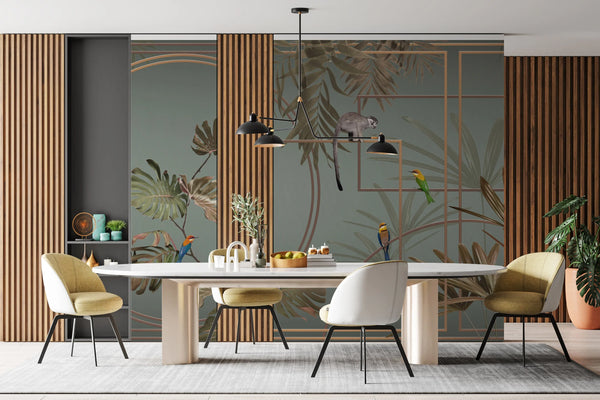 Tropical Jungle Wall Mural, Forest Wallpaper, Light Green Tree Leaf Bird, Custom Size, Non-Woven, Modern Wall Paper, Non-Pasted, Washable, Removable - Walloro High End Wallcoverings & More
