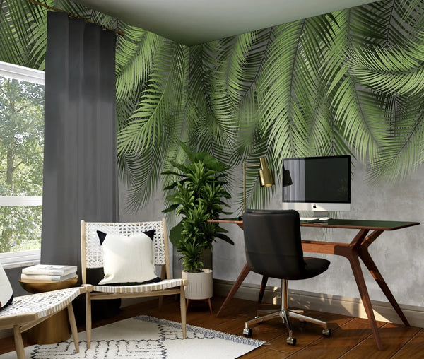 Tropical Tree Leaves Wallpaper, Above the Bed Wall Mural, Green Leaves Custom Size Wall Covering, Non-Woven, Non-Pasted, Washable, Removable - Walloro High End Wallcoverings & More