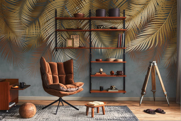 Tropical Tree Leaves Wallpaper, Above the Bed Wall Mural, Yellow Leaves Custom Size Wall Covering, Non-Woven, Non-Pasted, Washable, Removable - Walloro High End Wallcoverings & More