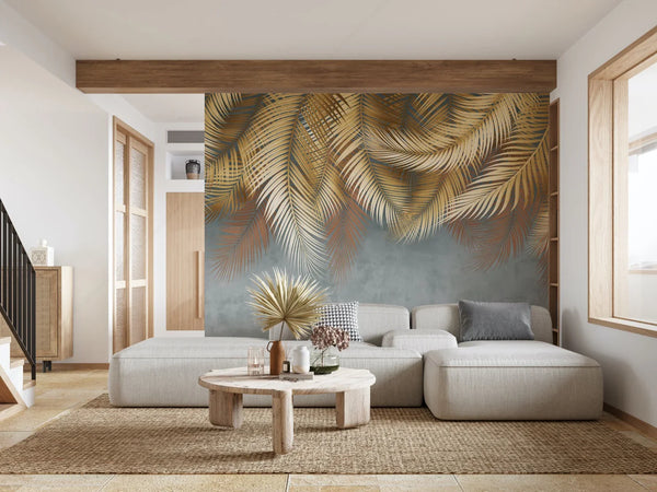 Tropical Tree Leaves Wallpaper, Above the Bed Wall Mural, Yellow Leaves Custom Size Wall Covering, Non-Woven, Non-Pasted, Washable, Removable - Walloro High End Wallcoverings & More