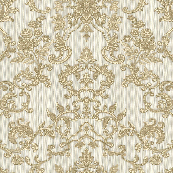 Victorian Damask Striped Wallpaper, Gold, White Rich Textured Embossed Wall Paper, Extra Wide 114 sq ft Roll, Wall Decor, Sturdy, Washable - Walloro High End Wallcoverings & More