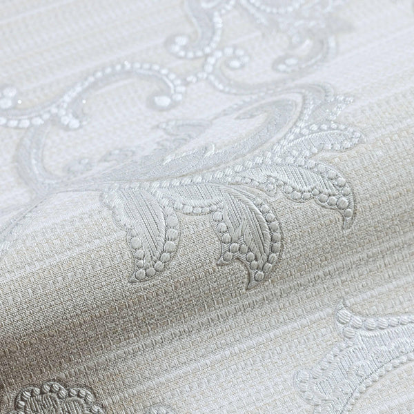 Victorian Damask Striped Wallpaper, White, Gray Rich Textured Embossed Wall Paper, Extra Wide 114 sq ft Roll, Modern Wall Covering, Sturdy, Washable - Walloro High End Wallcoverings & More