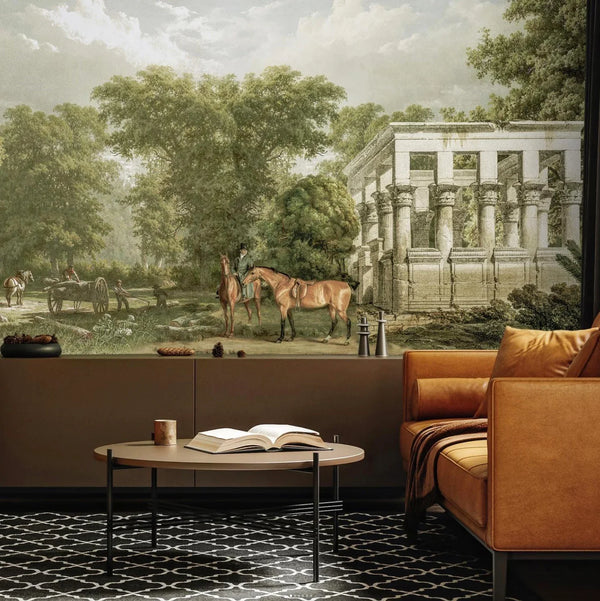 Vintage Scenic Victorian Wall Mural, Large Green Nature Wallpaper, Non-Woven, Non-Adhesive, Modern, Washable, Removable - Walloro High End Wallcoverings & More