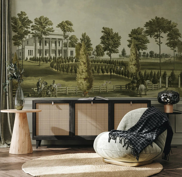 Vintage Scenic Victorian Wall Mural, Large Green Nature Wallpaper, Non-Woven, Non-Adhesive, Modern, Washable, Removable - Walloro High End Wallcoverings & More