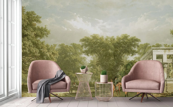 Vintage Scenic Victorian Wall Mural, Large Green Nature Wallpaper, Non-Woven, Non-Adhesive, Modern, Washable, Removable - Walloro High End Wallcoverings & More