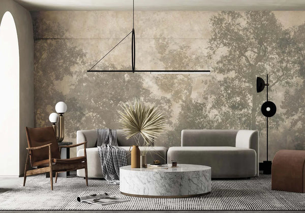 Vintage Trees Scenic Wall Mural, Light Beige Nature Theme Wallpaper, Oversized Landscape Scene Custom Size Wall Art, Non-Woven, Non-Pasted, Removable - Walloro High End Wallcoverings & More