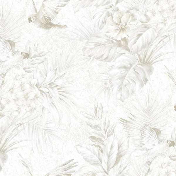 White Birds Deep Embossed Wallpaper, Stylish 3D Textured Tropical Plants Wallcovering - Walloro High End Wallcoverings & More