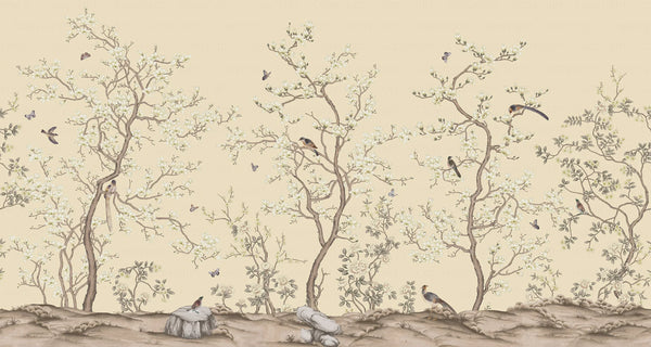 Yellow Chinoiserie Floral Wall Mural, Birds Tree Flowers Wallpaper, Custom Size Wall Covering, Non-Woven, Non-Adhesive, Removable, Washable - Walloro High End Wallcoverings & More
