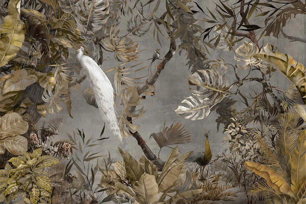 Yellow Elegant Chinoiserie Peacock Wall Mural Floral Leaves Wallpaper, Custom Wall Mural, Non-Adhesive, Washable, Extra Large, Removable, Home Decor Wall Art - Walloro High End Wallcoverings & More