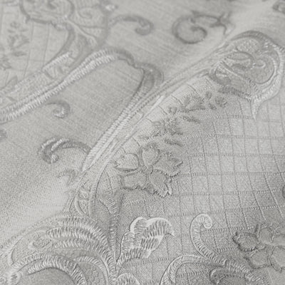 Damask Flocked Velvet Feel Wallpaper, White, Light GrayDeep 3D Embossed Quilted Texture Luxury Wallcovering, Non-Woven - Walloro Luxury Embossed Textured Wallpaper 