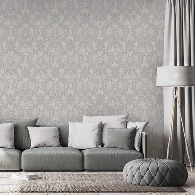 Damask Flocked Velvet Feel Wallpaper, White, Light GrayDeep 3D Embossed Quilted Texture Luxury Wallcovering, Non-Woven - Walloro Luxury Embossed Textured Wallpaper 