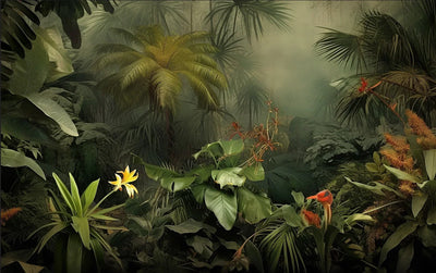 Green Forest Landscape Wallpaper, Tropical Plants Wall Mural, Oversized Custom Size Wall Art, Non-Woven, Non-Adhesive, Modern Wall Paper, Removable