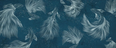 Koi Fish Wallpaper, Silver Line Style Wall Mural, Oversized Custom Size Wall Art, Non-Woven, Non-Adhesive, Modern Wall Paper, Removable
