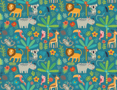 Tropical Animals Wallpaper, Green Background Mural, Oversized Custom Size Wall Art, Non-Woven, Non-Adhesive, Modern Wall Paper, Removable