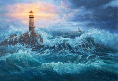 Lighthouse on the Seacoast Wallpaper, Oil Painting Mural, Oversized Custom Size Wall Art, Non-Woven, Non-Adhesive, Modern Wall Paper, Removable