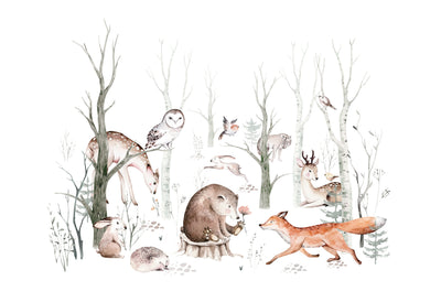 Cute Animals, Trees Wallpaper, White Background Mural, Oversized Custom Size Wall Art, Non-Woven, Non-Adhesive, Modern Wall Paper, Removable