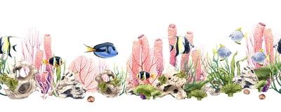 Fishes and Corals Wallpaper, White Background Mural, Oversized Custom Size Wall Art, Non-Woven, Non-Adhesive, Modern Wall Paper, Removable