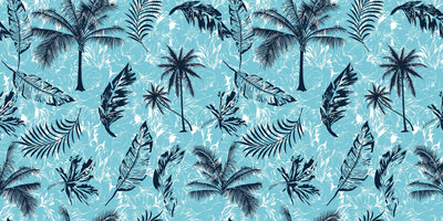 Tropical Plants, Blue Background Wallpaper, Seamless Pattern Mural, Oversized Custom Size Wall Art, Non-Woven, Non-Adhesive, Modern Wall Paper, Removable