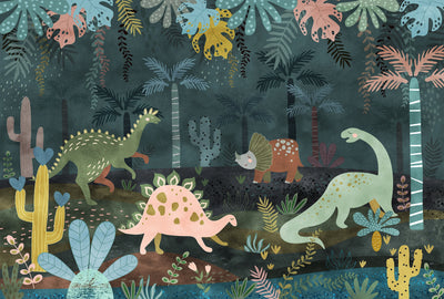Dino World Wallpaper, Jungle Mural, Oversized Custom Size Wall Art, Non-Woven, Non-Adhesive, Modern Wall Paper, Removable