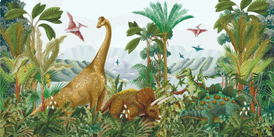 Dino World Wallpaper, Palms Mural, Oversized Custom Size Wall Art, Non-Woven, Non-Adhesive, Modern Wall Paper, Removable