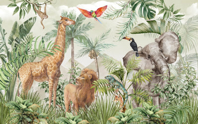 Safari Wildlife Wallpaper, Tropical Animals Mural, Oversized Custom Size Wall Art, Non-Woven, Non-Adhesive, Modern Wall Paper, Removable