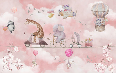 Cycling Animals with Balloons Wallpaper, Watercolor Mural, Oversized Custom Size Wall Art, Non-Woven, Non-Adhesive, Modern Wall Paper, Removable