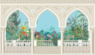 Chinoiserie Garden Arch Wallpaper, Peacock Mural, Oversized Custom Size Wall Art, Non-Woven, Non-Adhesive, Modern Wall Paper, Removable
