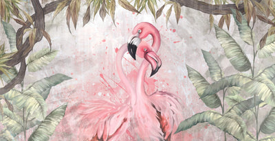 Flamingos Wallpaper, Fern Leaves Mural, Oversized Custom Size Wall Art, Non-Woven, Non-Adhesive, Modern Wall Paper, Removable
