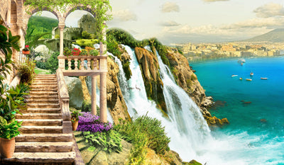 Old House with Columns Wallpaper, Cliff of the Mountain Mural, Oversized Custom Size Wall Art, Non-Woven, Non-Adhesive, Modern Wall Paper, Removable