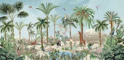 Tropic Animals Wallpaper, Palms and Plants Mural, Oversized Custom Size Wall Art, Non-Woven, Non-Adhesive, Modern Wall Paper, Removable