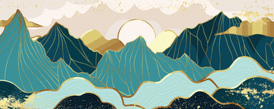 Gold Line Mountains Wallpaper, Landscape Mural, Oversized Custom Size Wall Art, Non-Woven, Non-Adhesive, Modern Wall Paper, Removable