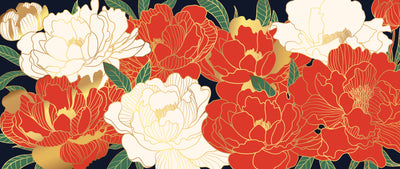 White and Red Peonies Wallpaper, Luxurious Gold Mural, Oversized Custom Size Wall Art, Non-Woven, Non-Adhesive, Modern Wall Paper, Removable