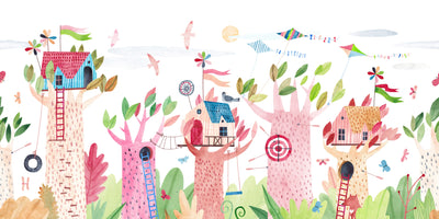 Cute Tree Houses Wallpaper, Playground Mural, Oversized Custom Size Wall Art, Non-Woven, Non-Adhesive, Modern Wall Paper, Removable
