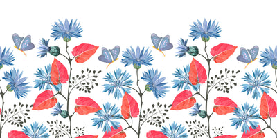 Blue Flowers, Red Leaves Wallpaper, Seamless Pattern Mural, Oversized Custom Size Wall Art, Non-Woven, Non-Adhesive, Modern Wall Paper, Removable