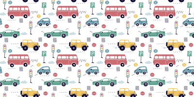 Kids Colorful Cars Wallpaper, Seamless Pattern Mural, Oversized Custom Size Wall Art, Non-Woven, Non-Adhesive, Modern Wall Paper, Removable