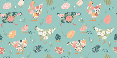 Chickens with Abstract Flowers Wallpaper, Seamless Pattern Mural, Oversized Custom Size Wall Art, Non-Woven, Non-Adhesive, Modern Wall Paper, Removable