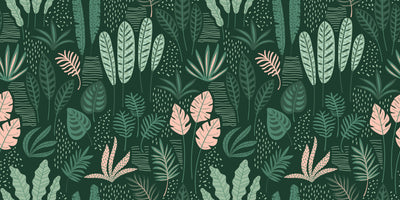 Hand Drawn Tropical Leaves Wallpaper, Seamless Pattern Mural, Oversized Custom Size Wall Art, Non-Woven, Non-Adhesive, Modern Wall Paper, Removable
