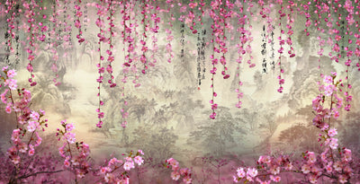 Pink Sakura Flowers Wallpaper, Chinoiserie Mural, Oversized Custom Size Wall Art, Non-Woven, Non-Adhesive, Modern Wall Paper, Removable