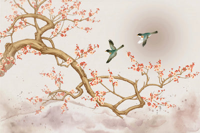 Chinoiserie Wallpaper, Tree and Birds Mural, Oversized Custom Size Wall Art, Non-Woven, Non-Adhesive, Modern Wall Paper, Removable