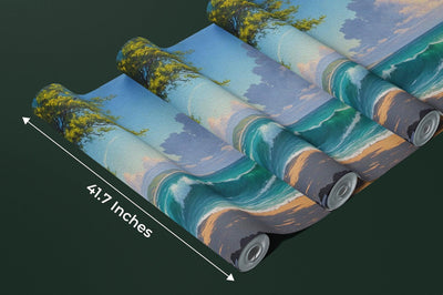 Beautiful Sea Waves and Tree Wallpaper, Oil Painting Mural, Oversized Custom Size Wall Art, Non-Woven, Non-Adhesive, Modern Wall Paper, Removable