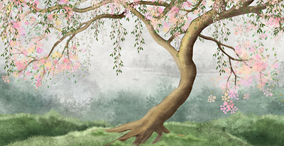 Willow Tree Wallpaper, Pink Flowers Mural, Oversized Custom Size Wall Art, Non-Woven, Non-Adhesive, Modern Wall Paper, Removable