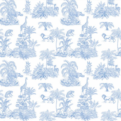 Blue Toile Jungle Wallpaper, African Animals Mural, Oversized Custom Size Wall Art, Non-Woven, Non-Adhesive, Modern Wall Paper, Removable