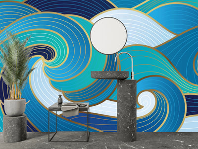 Navy Blue, Gold Abstract Wallpaper, Wavy Mural, Oversized Custom Size Wall Art, Non-Woven, Non-Adhesive, Modern Wall Paper, Removable