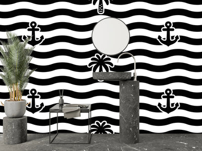 Palm Tree, Anchor Wallpaper, Seamless Pattern Mural, Oversized Custom Size Wall Art, Non-Woven, Non-Adhesive, Modern Wall Paper, Removable