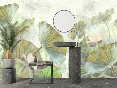 Lotus Leaves Wallpaper, Botanical Mural, Oversized Custom Size Wall Art, Non-Woven, Non-Adhesive, Modern Wall Paper, Removable
