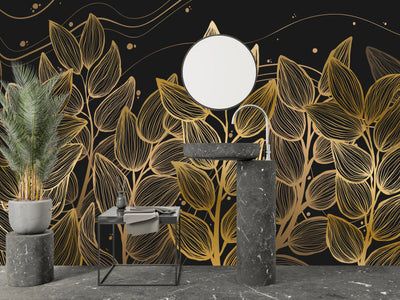 Exotic Golden Leaves Wallpaper, Seamless Pattern Mural, Oversized Custom Size Wall Art, Non-Woven, Non-Adhesive, Modern Wall Paper, Removable