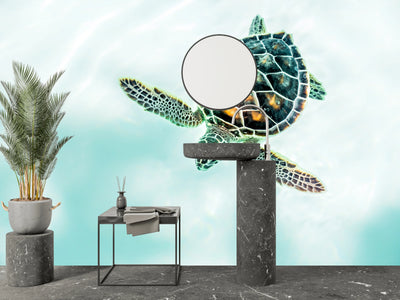 Cute Baby Turtle Wallpaper, Turquoise Water Mural, Oversized Custom Size Wall Art, Non-Woven, Non-Adhesive, Modern Wall Paper, Removable