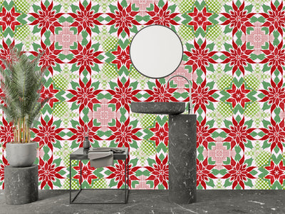 Christmas Poinsettia Wallpaper, Seamless Pattern Mural, Oversized Custom Size Wall Art, Non-Woven, Non-Adhesive, Modern Wall Paper, Removable